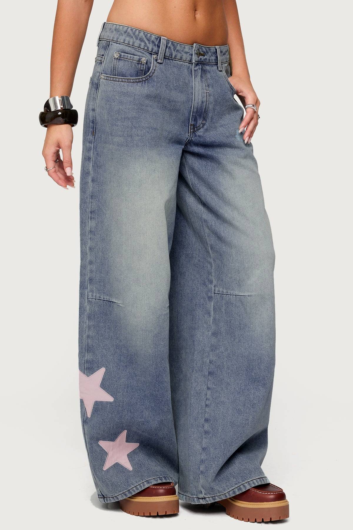 Y2K Star Patch Baggy Wide Leg Jeans - Blue - 1
