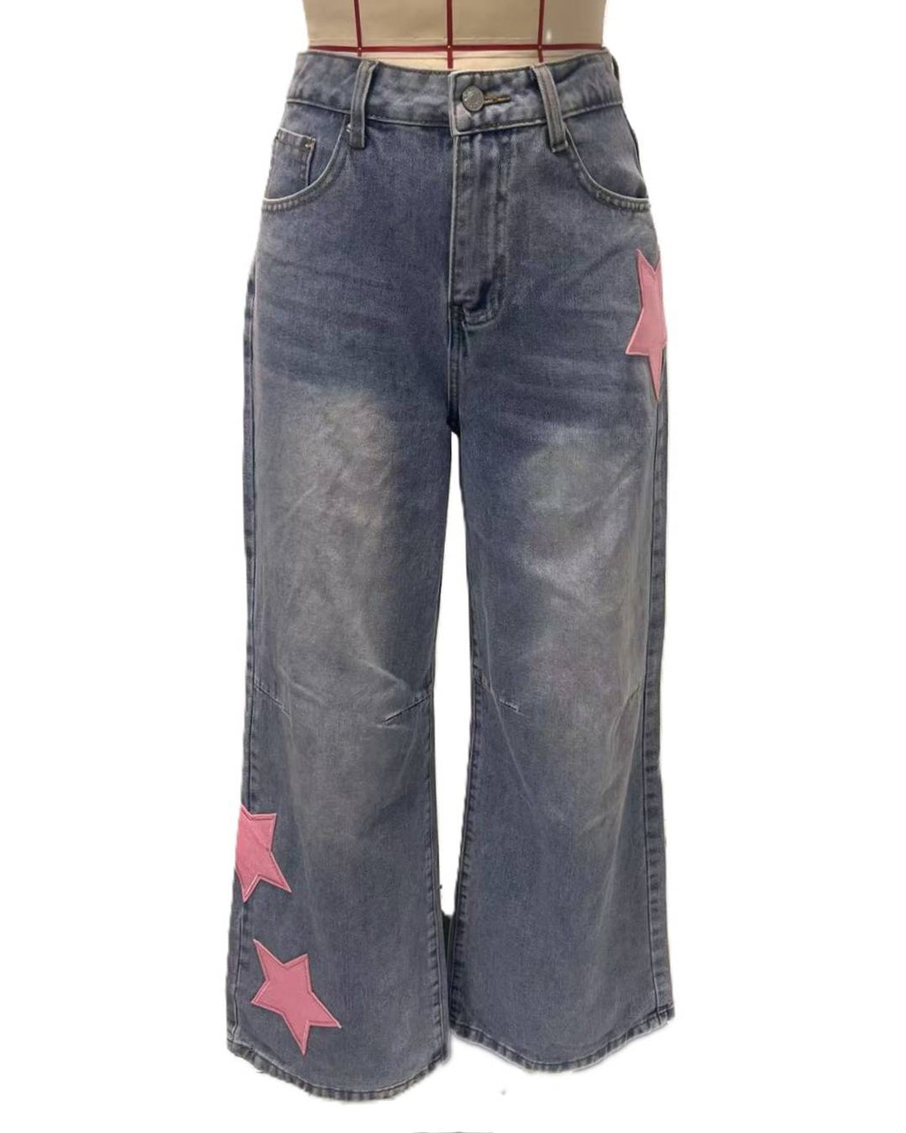 Y2K Star Patch Baggy Wide Leg Jeans - Blue - 2