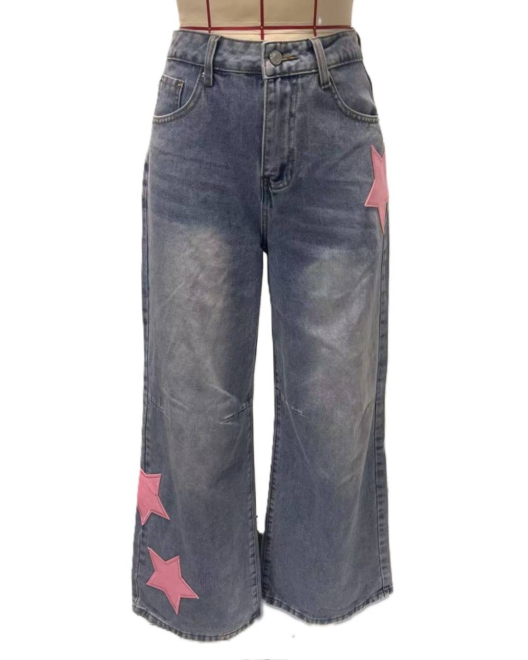 Y2K Star Patch Baggy Wide Leg Jeans - Blue - 2