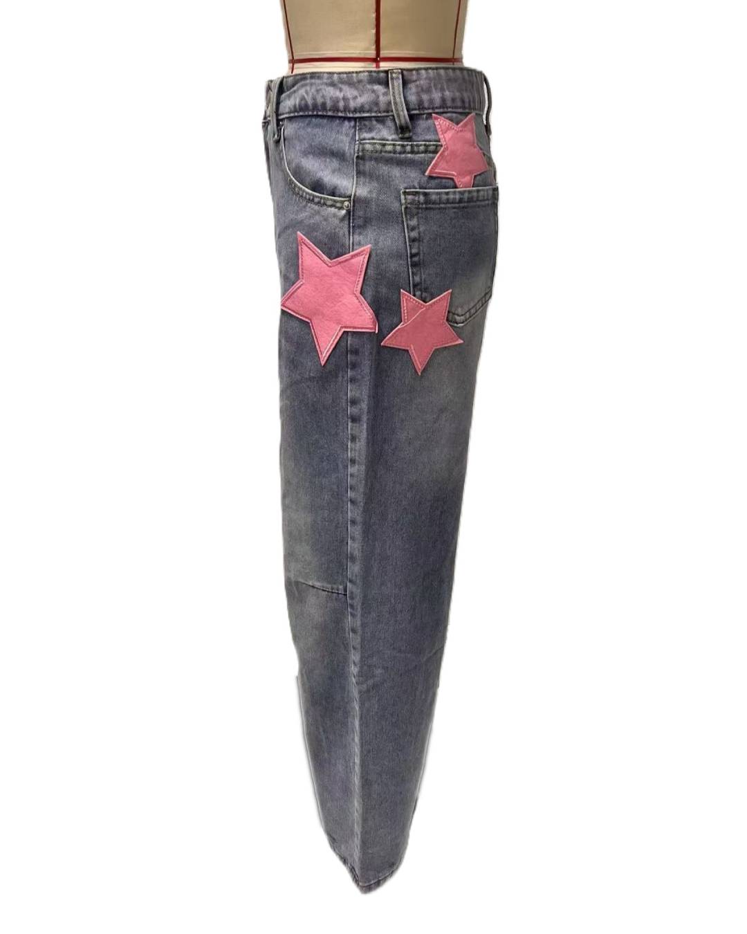 Y2K Star Patch Baggy Wide Leg Jeans - Blue - 3