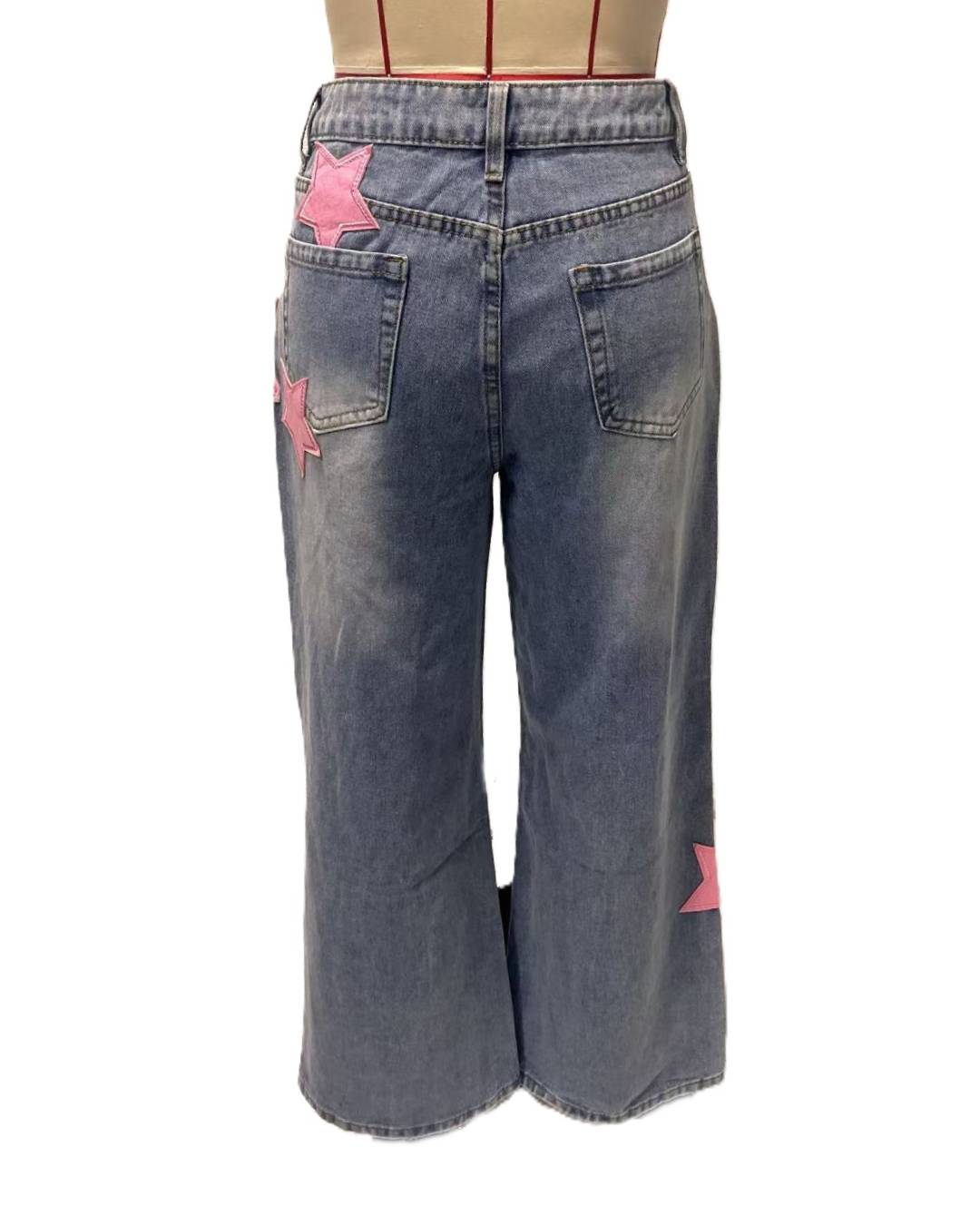 Y2K Star Patch Baggy Wide Leg Jeans - Blue - 4