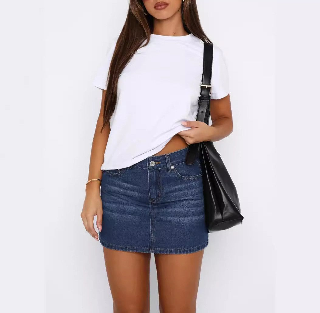 Curved Hem Denim Mini Skirt - Dark_blue