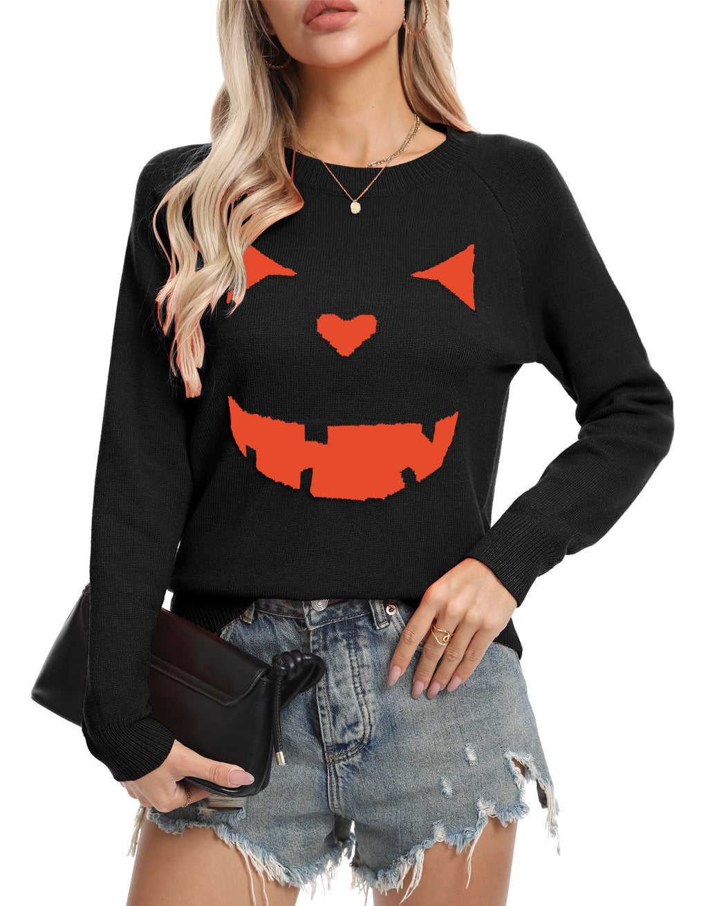 Grinning Pumpkin Face Halloween Knit Sweater - Black