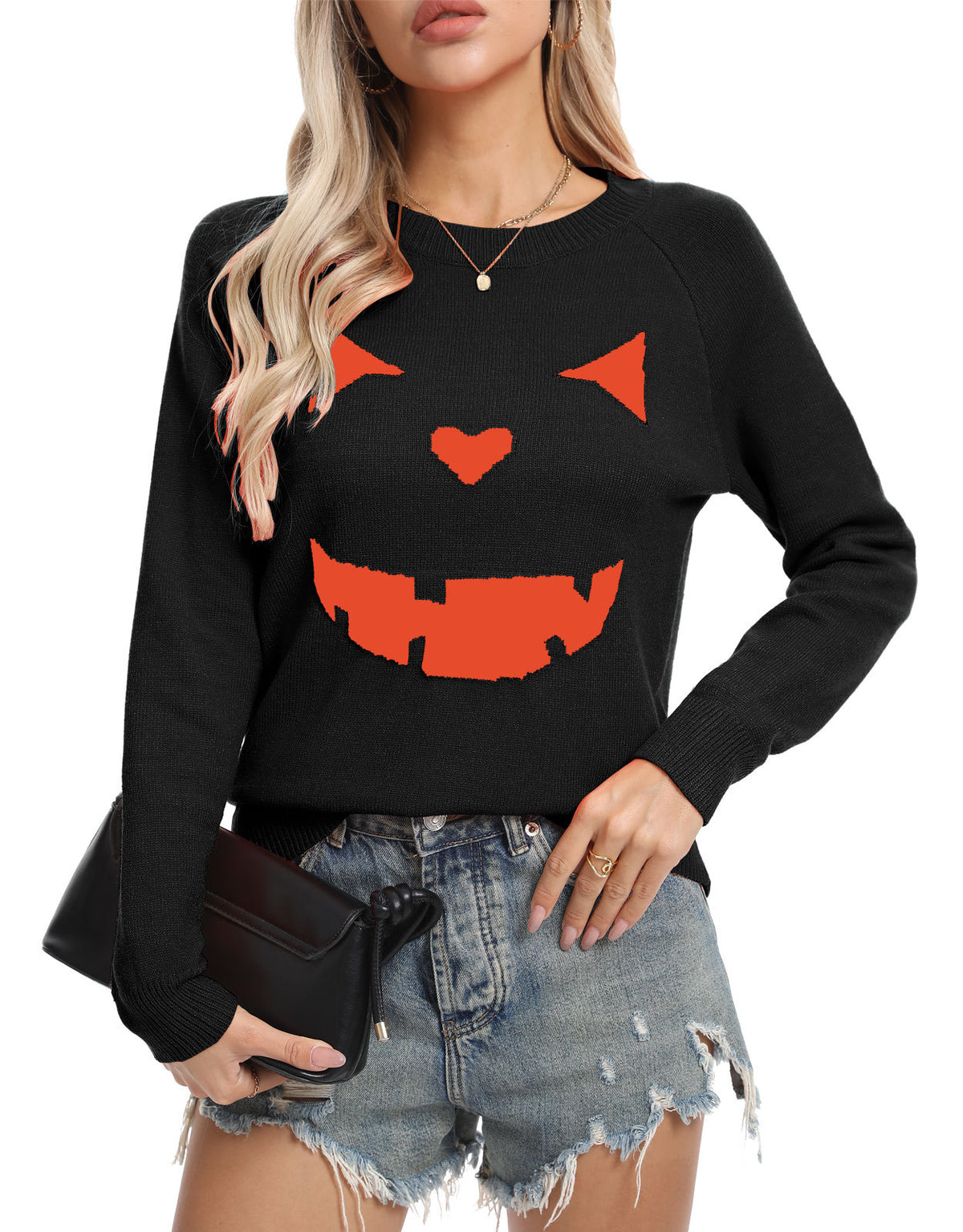 Grinning Pumpkin Face Halloween Knit Sweater - Black