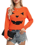 Grinning Pumpkin Face Halloween Knit Sweater - Orange