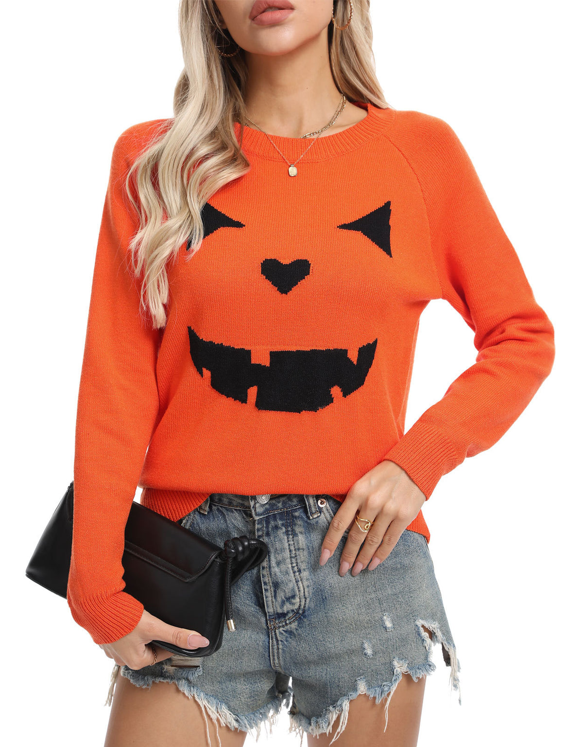 Grinning Pumpkin Face Halloween Knit Sweater - Orange