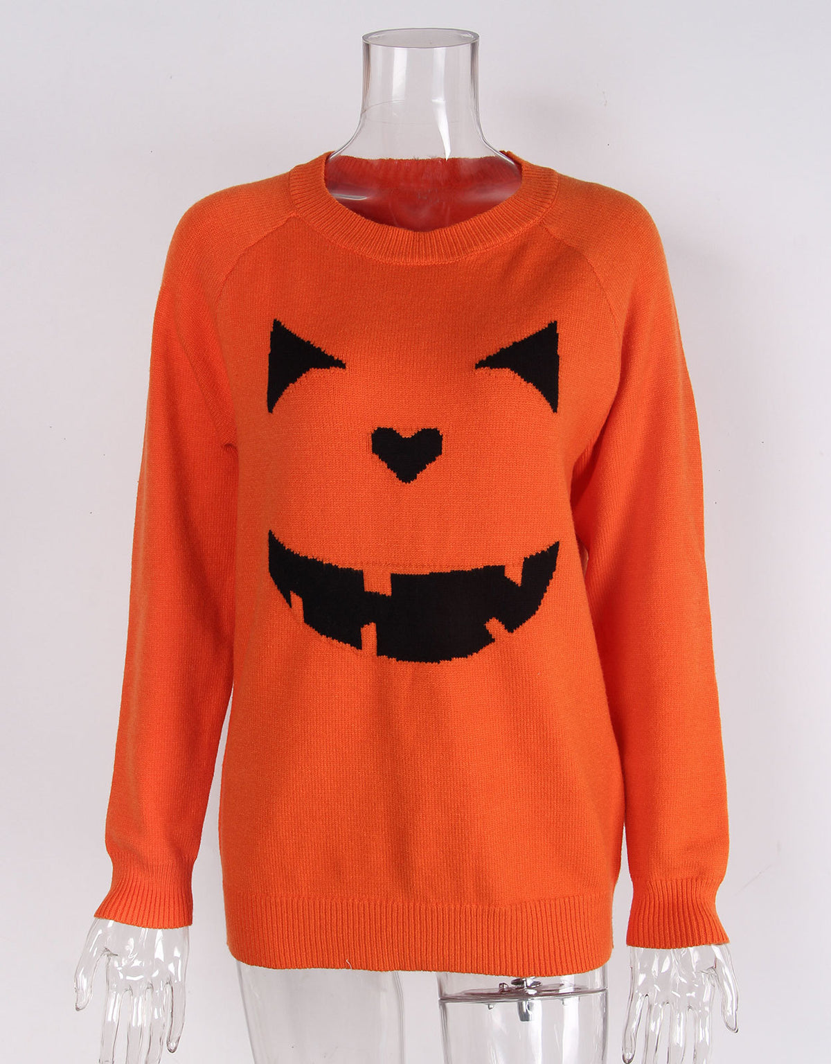 Grinning Pumpkin Face Halloween Knit Sweater - Orange - 1