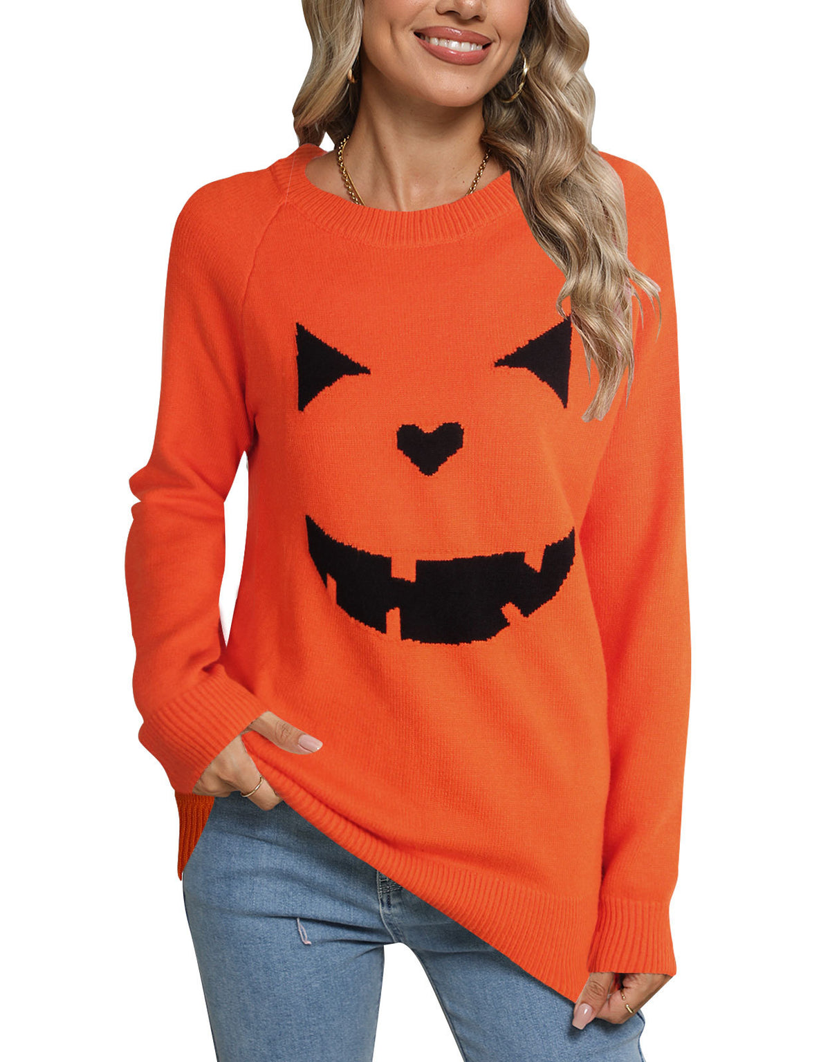 Grinning Pumpkin Face Halloween Knit Sweater - Orange - 3