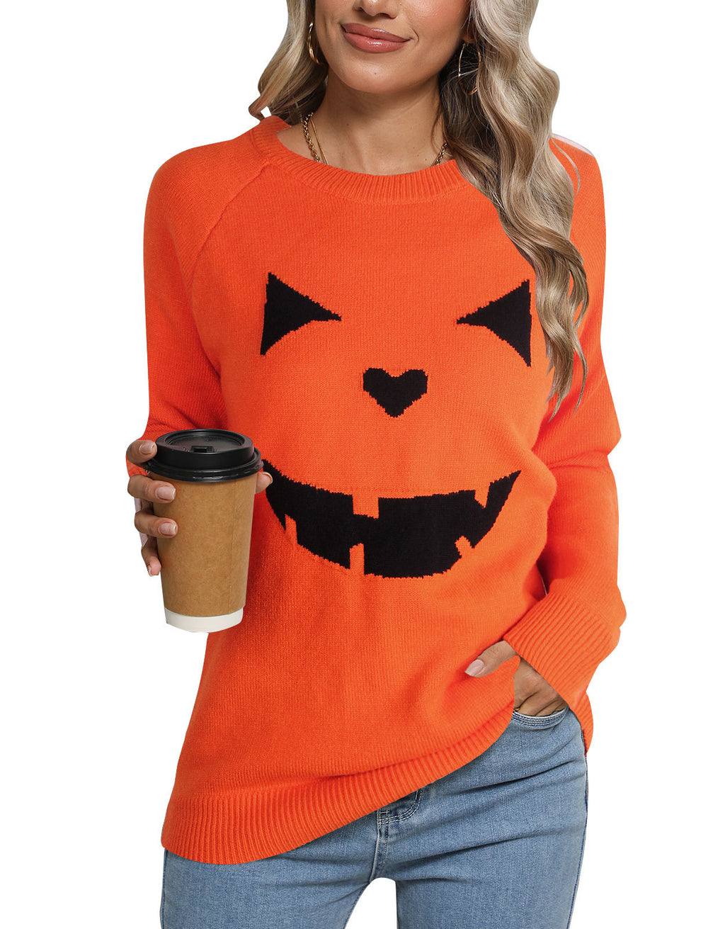Grinning Pumpkin Face Halloween Knit Sweater - Orange - 4