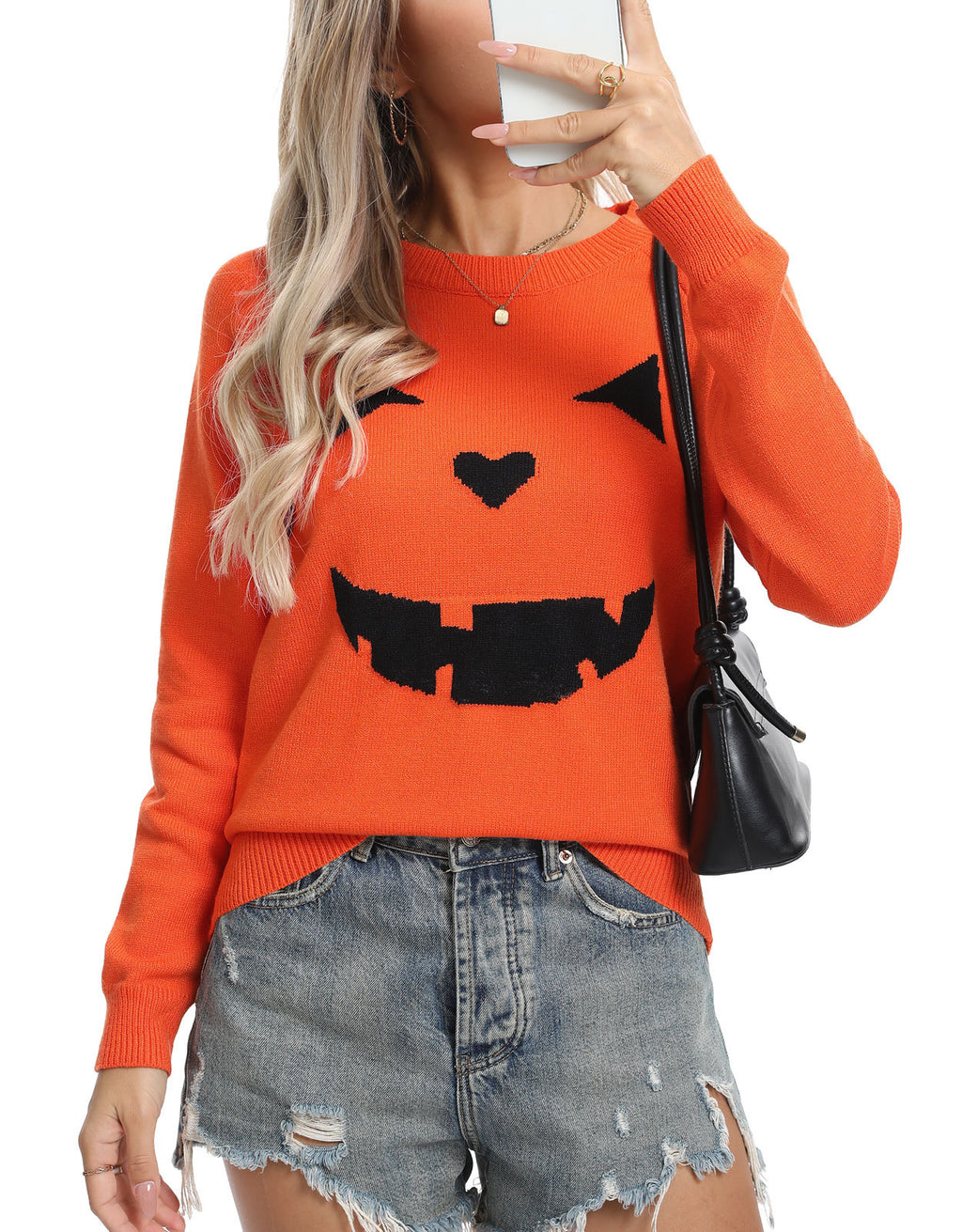 Grinning Pumpkin Face Halloween Knit Sweater - Orange - 5