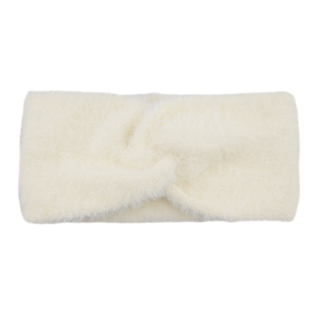 Fuzzy Knit Cross Knot Ear Warmer Headband - White