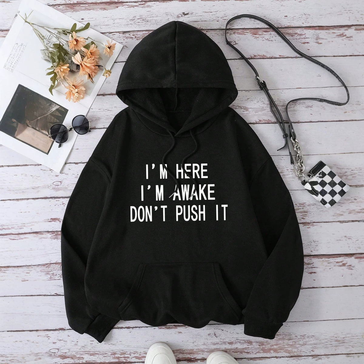 Statement Slogan Print Pullover Hoodie - Black