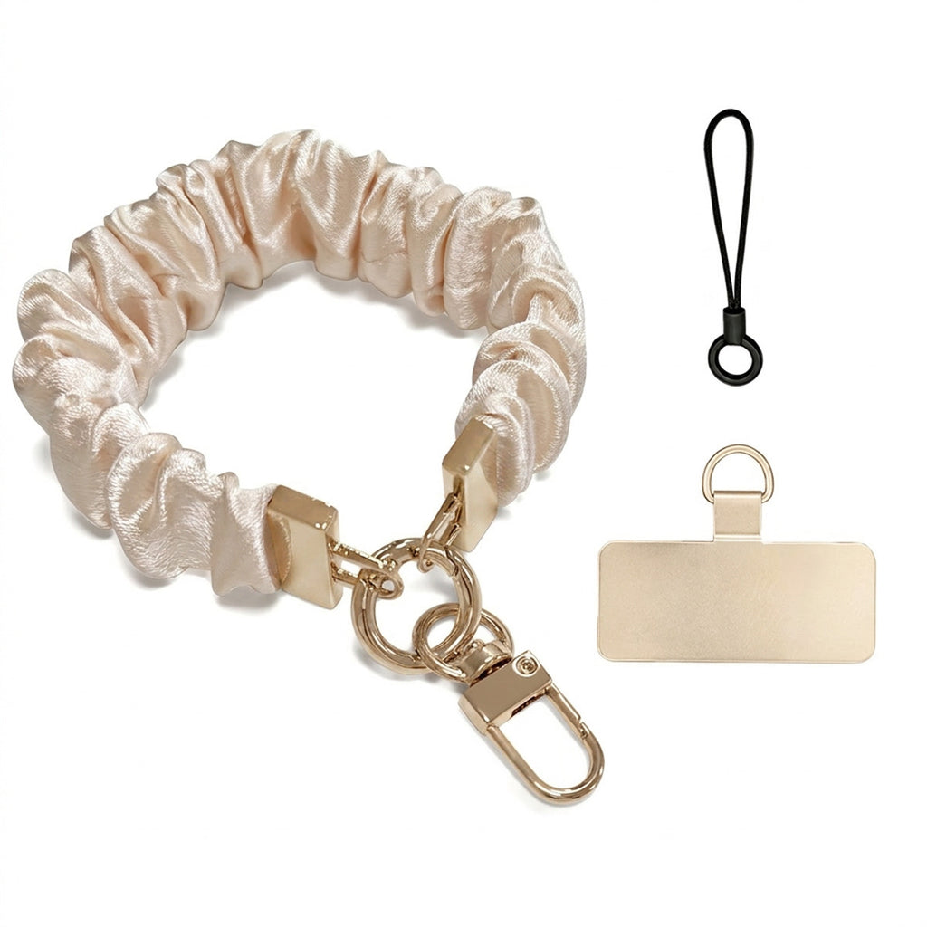 Scrunchie Wristlet Phone Lanyard With Clasp - Beige_G