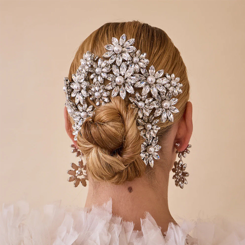 Crystal Pearl Flower Bridal Hair Clip - Silver - 4