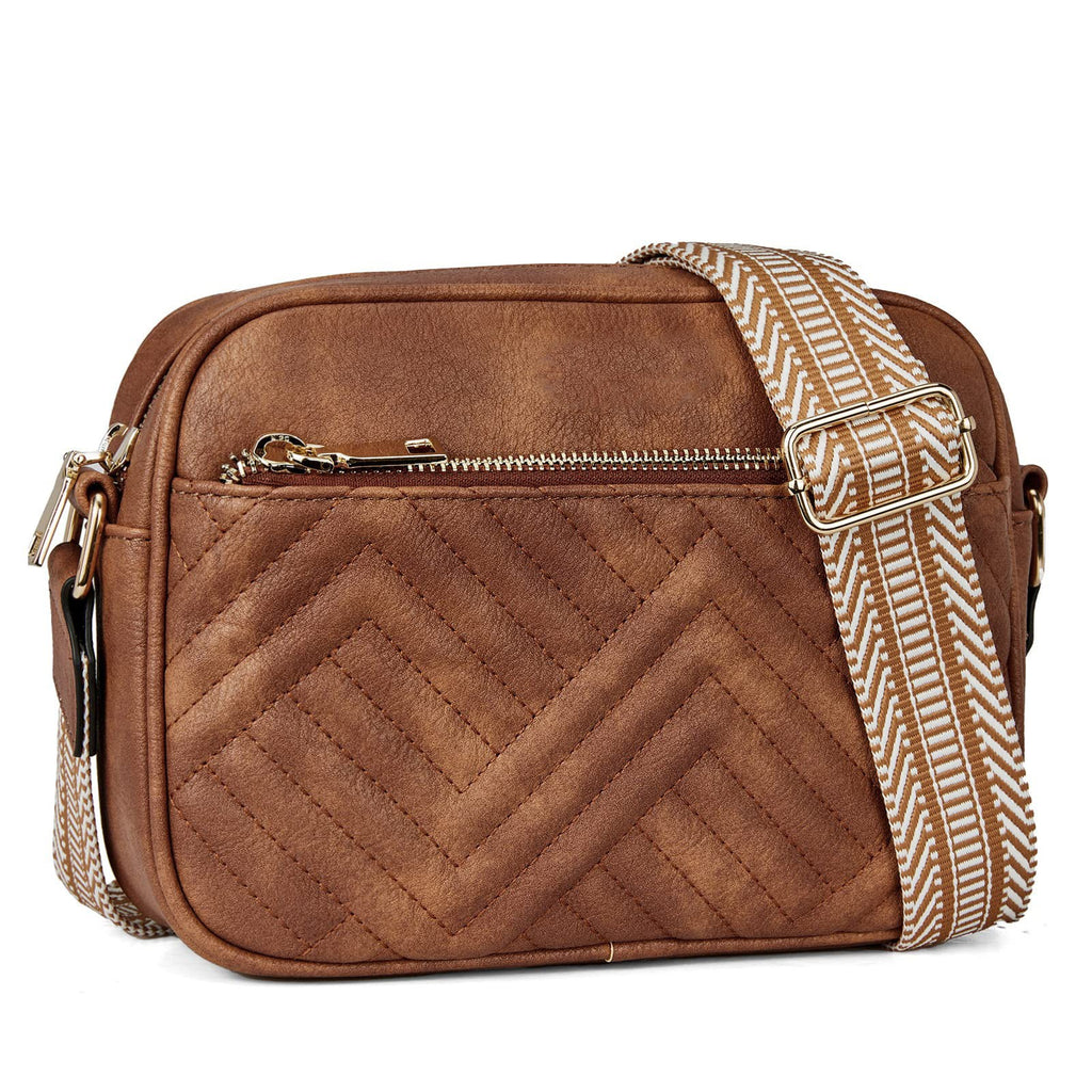 Quilted Chevron Camera Crossbody Bag - Brown