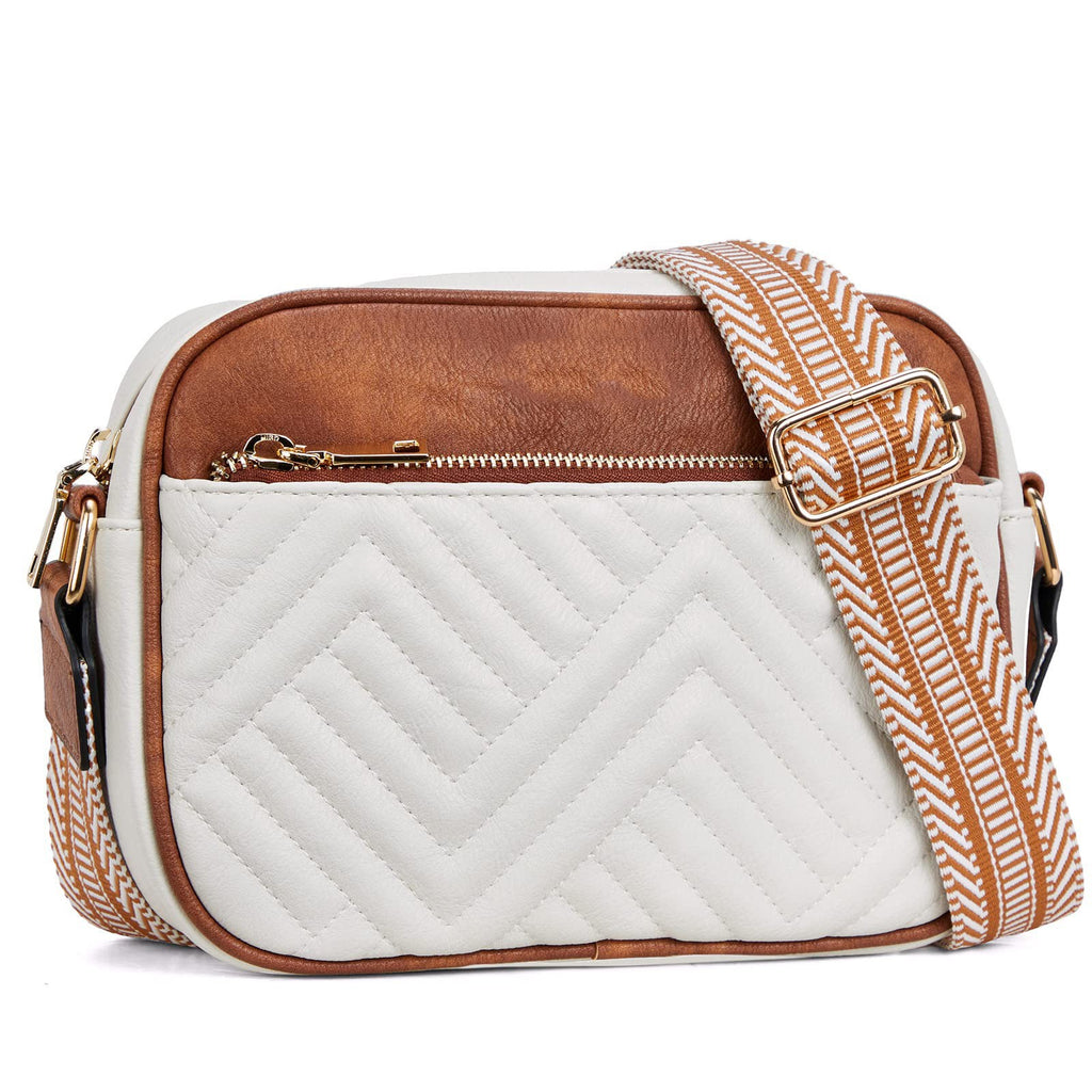 Quilted Chevron Camera Crossbody Bag - White Tan