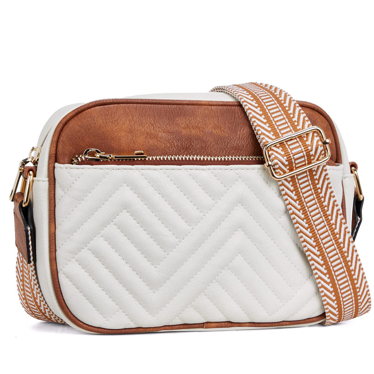 Quilted Chevron Camera Crossbody Bag - White Tan