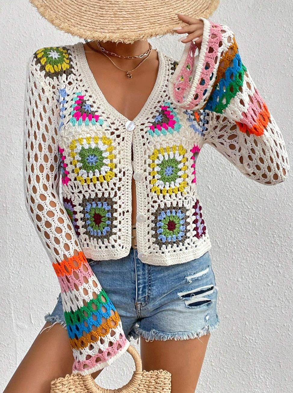 Crochet Granny Square Open Knit Cardigan - White
