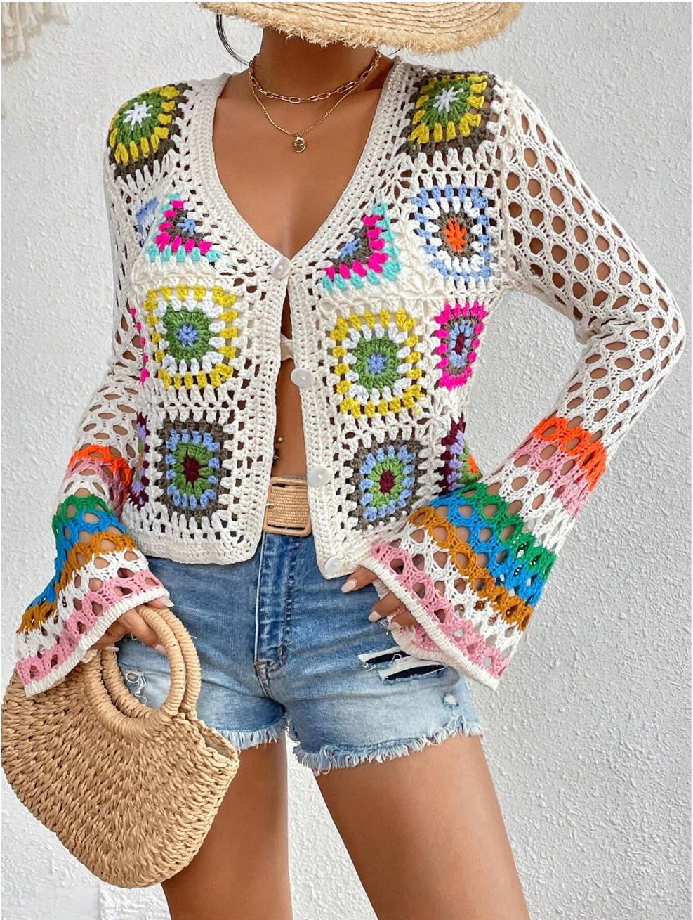 Crochet Granny Square Open Knit Cardigan - White - 1