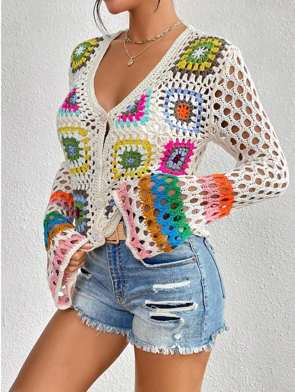 Crochet Granny Square Open Knit Cardigan - White - 3