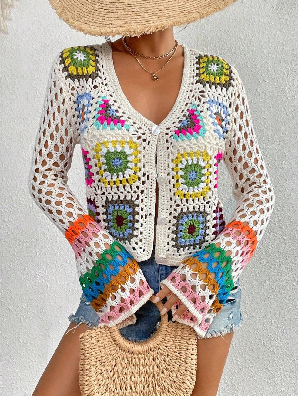 Crochet Granny Square Open Knit Cardigan - White - 4