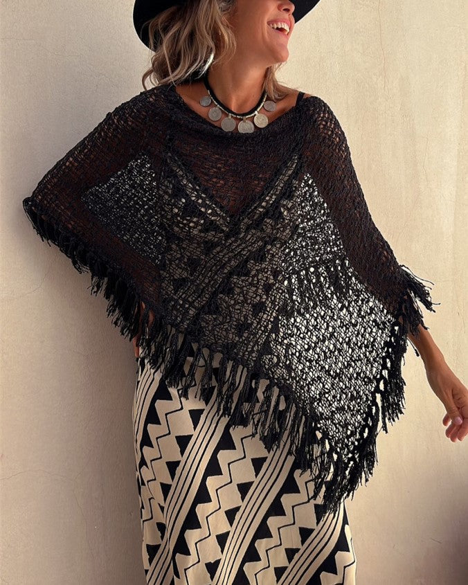 Sheer Crochet Fringe Hem Knit Top - Black