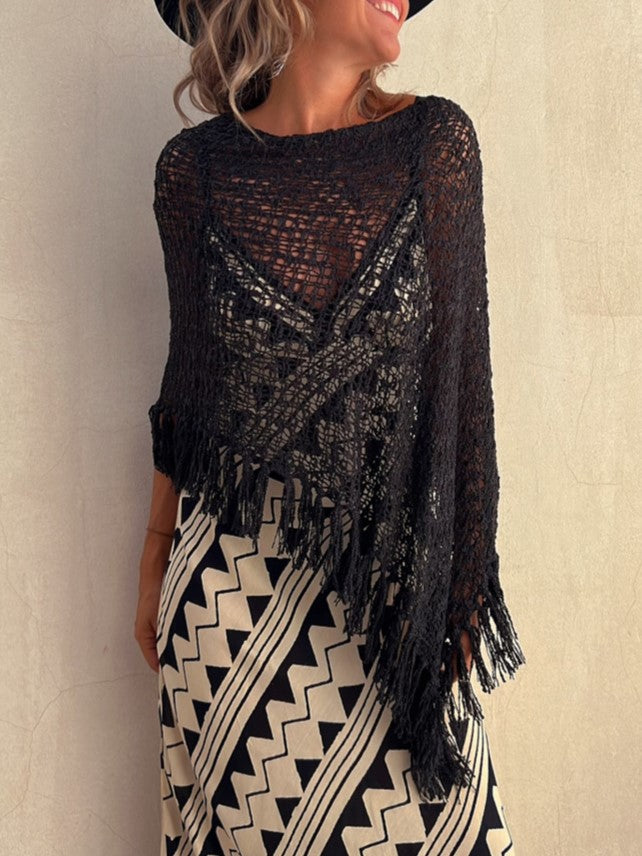 Sheer Crochet Fringe Hem Knit Top - Black - 1