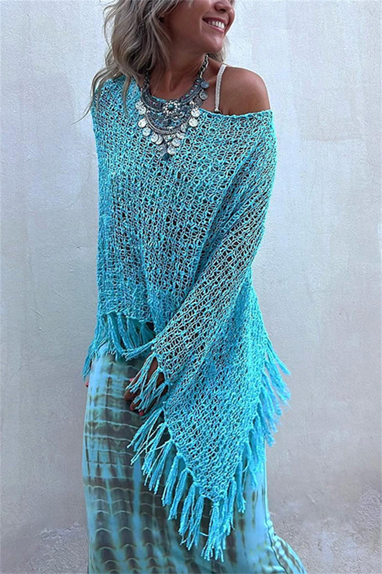 Sheer Crochet Fringe Hem Knit Top - Blue