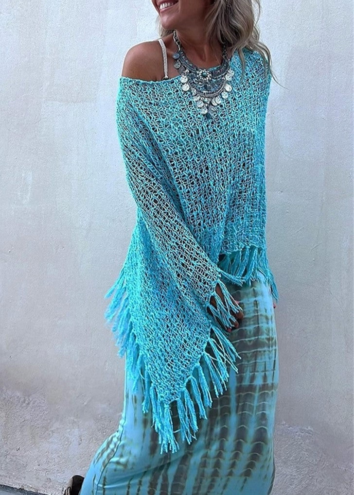 Sheer Crochet Fringe Hem Knit Top - Blue - 1
