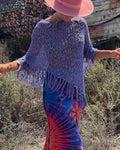 Sheer Crochet Fringe Hem Knit Top - Purple