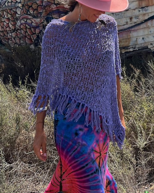 Sheer Crochet Fringe Hem Knit Top - Purple - 1