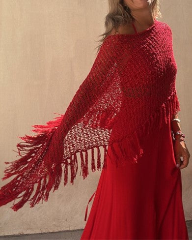 Sheer Crochet Fringe Hem Knit Top - Red