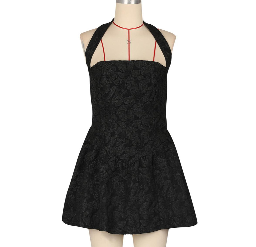 Backless Halter Flare Mini Party Dress - Black