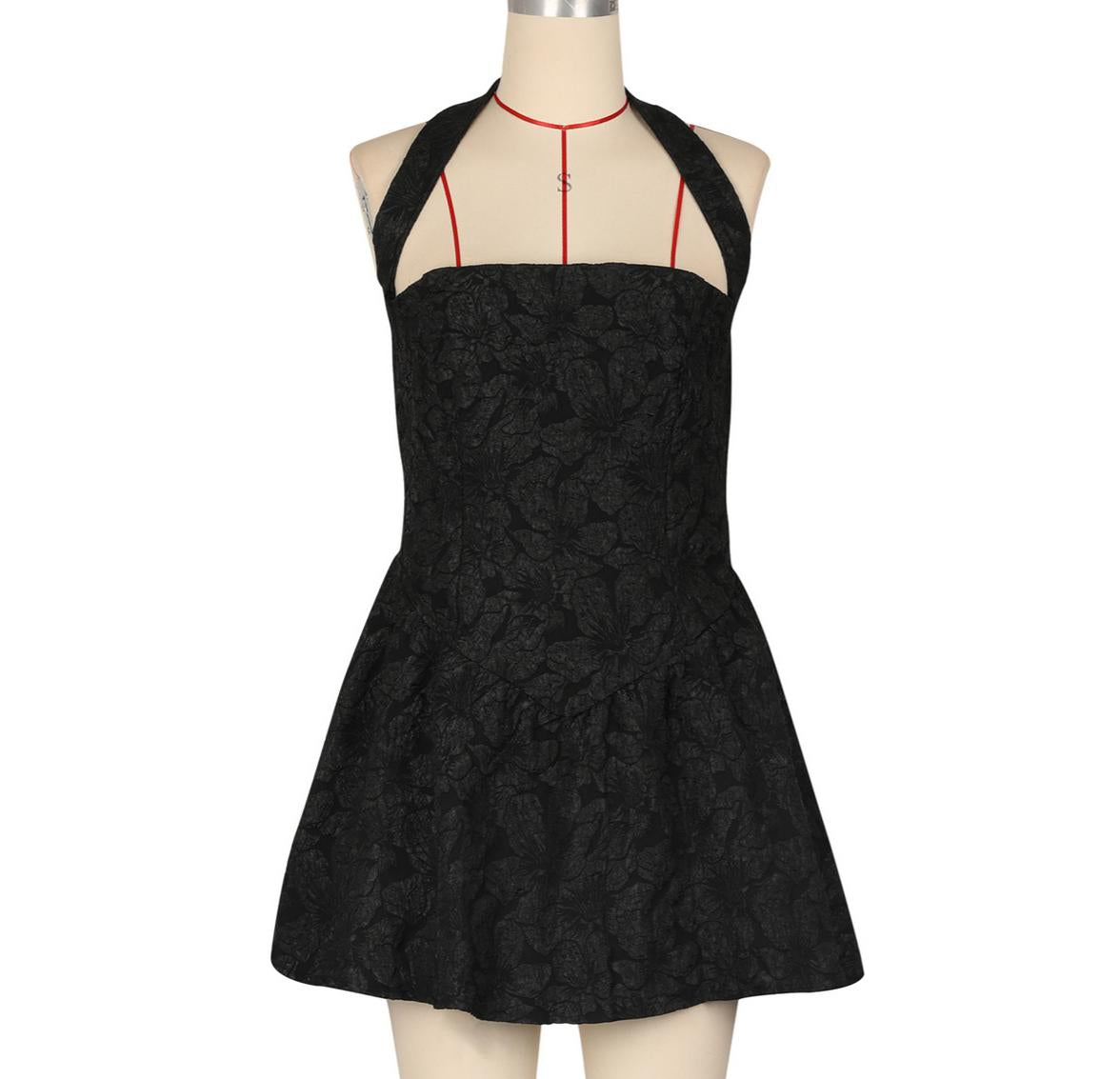 Backless Halter Flare Mini Party Dress - Black