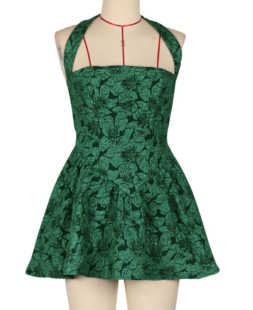 Backless Halter Flare Mini Party Dress - Green - 1