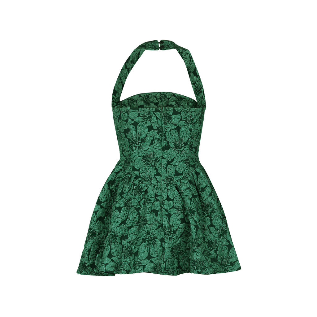 Backless Halter Flare Mini Party Dress - Green - 2
