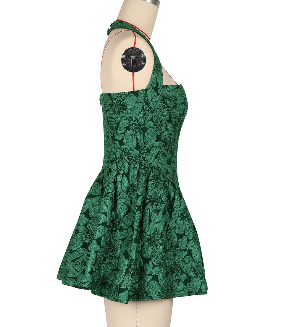 Backless Halter Flare Mini Party Dress - Green - 3