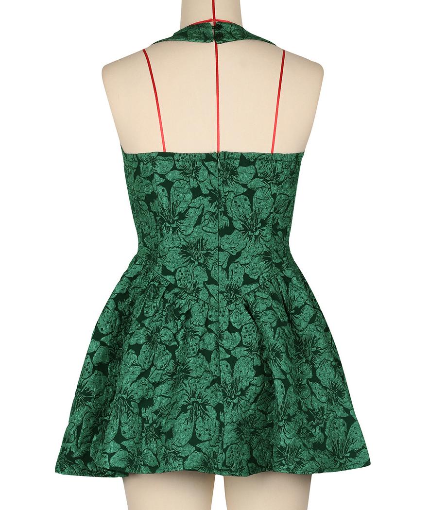 Backless Halter Flare Mini Party Dress - Green - 5