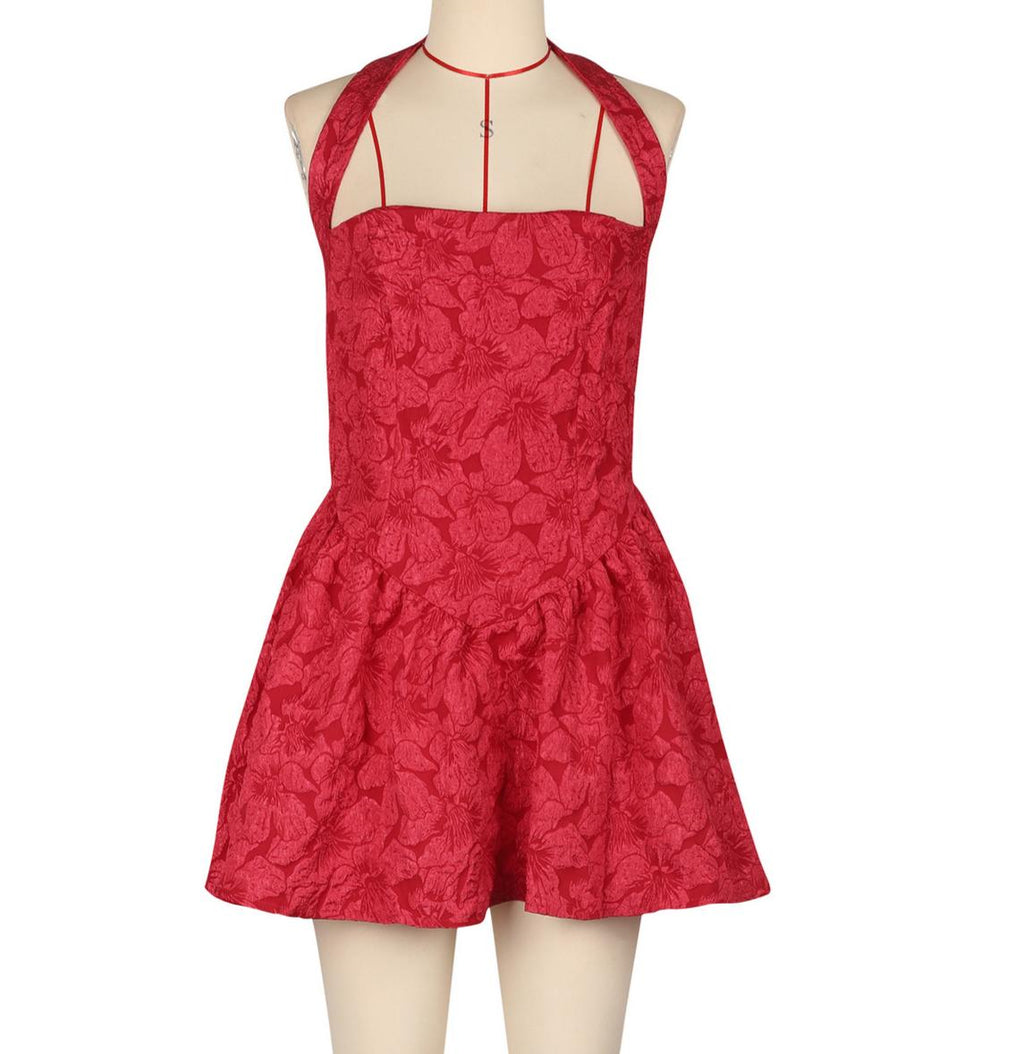 Backless Halter Flare Mini Party Dress - Red
