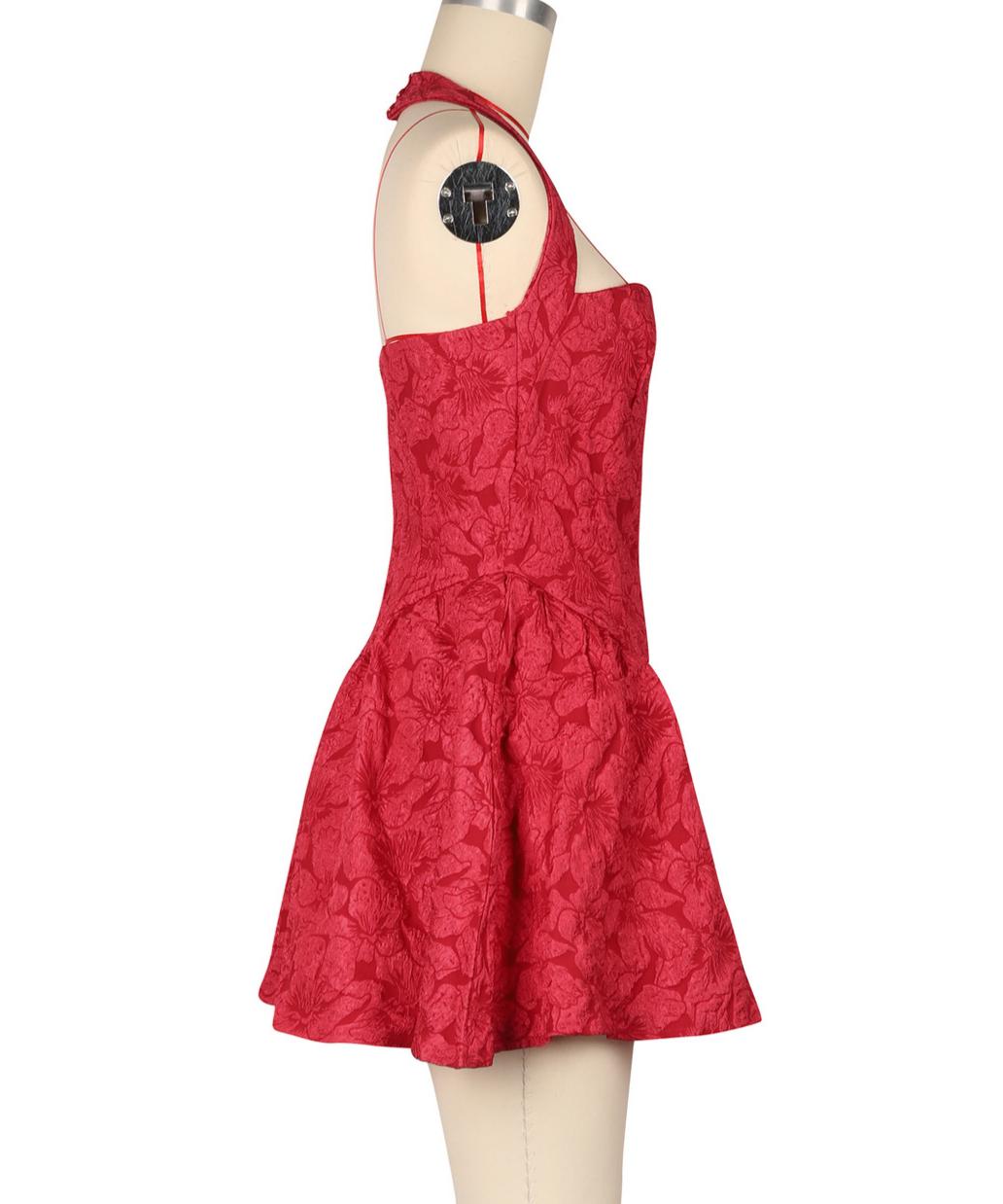 Backless Halter Flare Mini Party Dress - Red - 1
