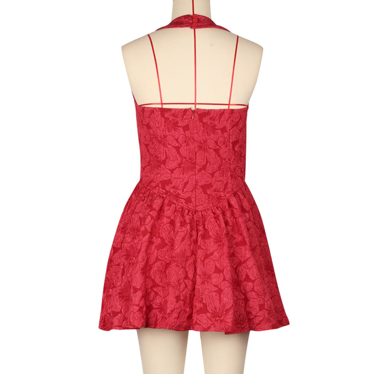 Backless Halter Flare Mini Party Dress - Red - 2
