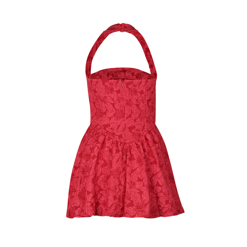 Backless Halter Flare Mini Party Dress - Red - 4