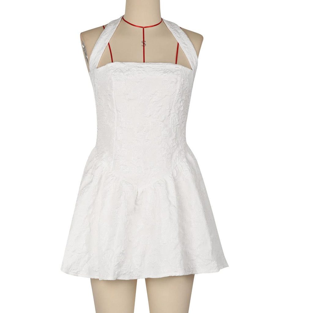 Backless Halter Flare Mini Party Dress - White