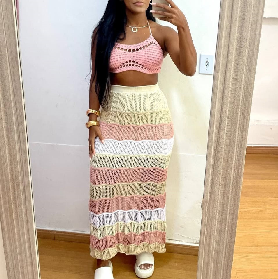 Crochet Bralette and Striped Midi Skirt Set - Pink