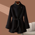 Belted Wool Stand Collar Flared Mid-Length Coat - Black