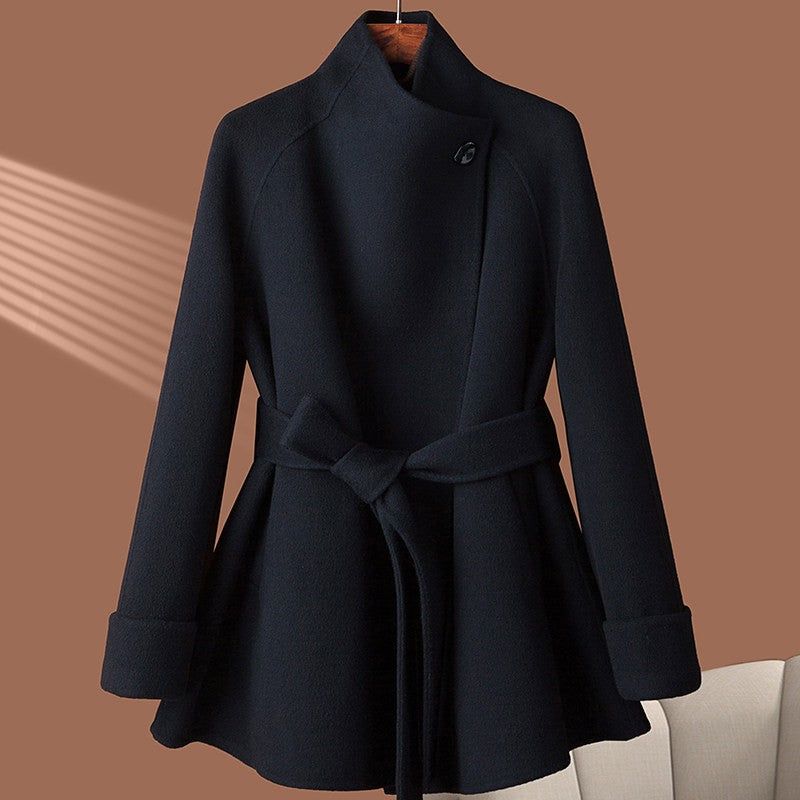 Belted Wool Stand Collar Flared Mid-Length Coat - Navy
