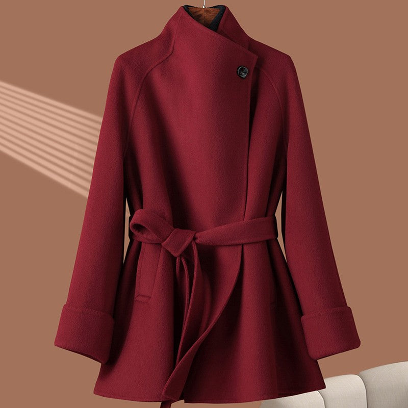 Belted Wool Stand Collar Flared Mid-Length Coat - Wine Red
