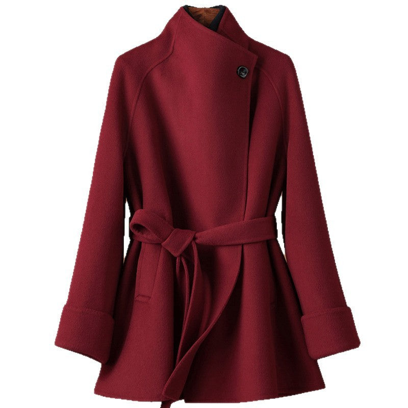 Belted Wool Stand Collar Flared Mid-Length Coat