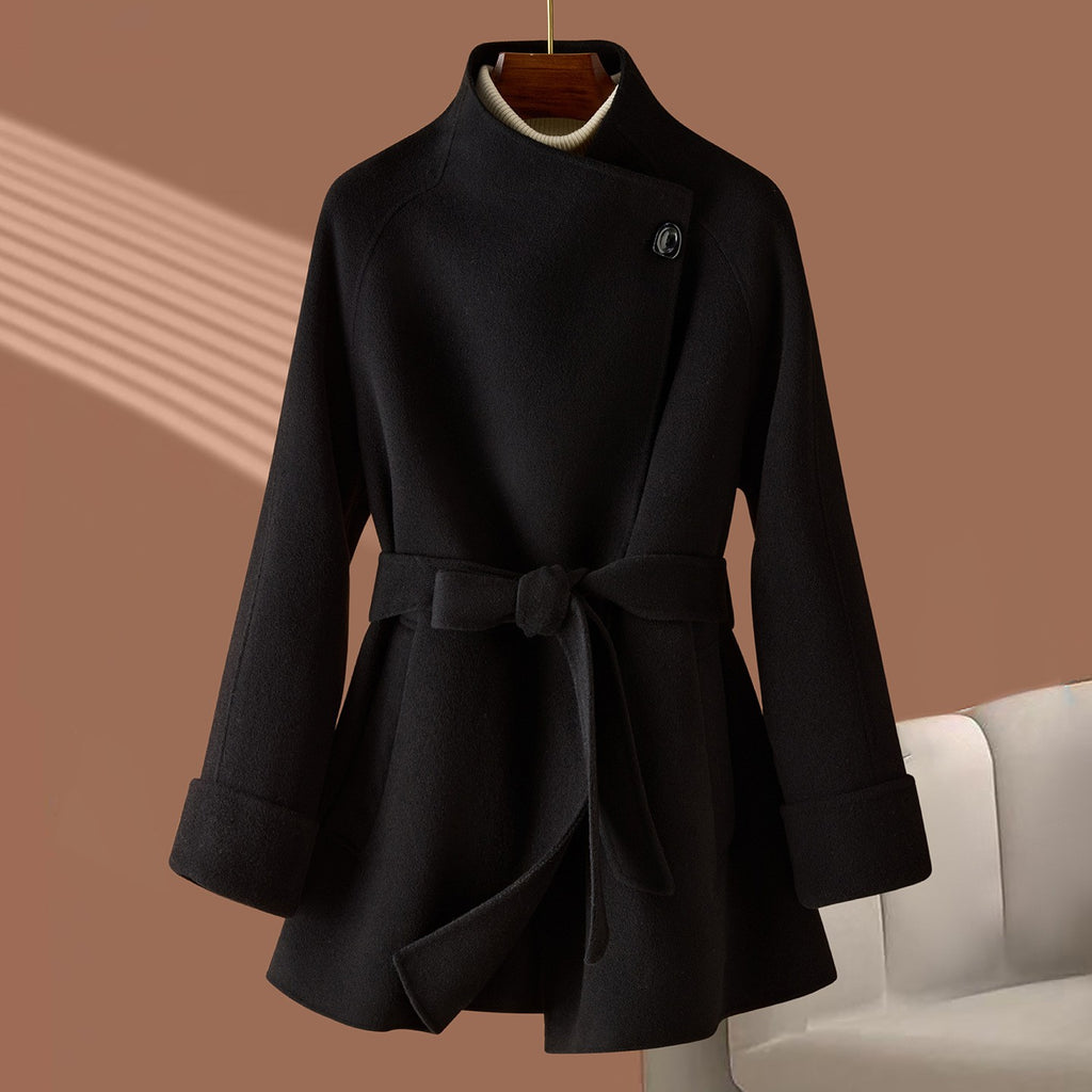Belted Wool Stand Collar Flared Mid-Length Coat