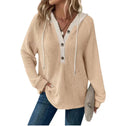 Contrast Hood Drawstring Waffle Pullover - Apricot